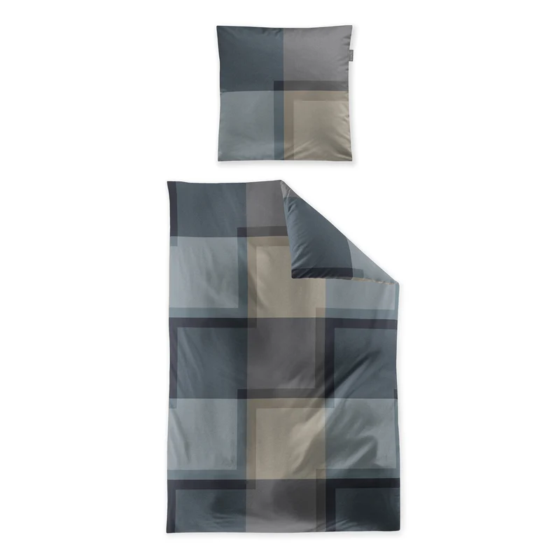 Bettwäsche Mako Satin Wave Blau mit Karomuster 135 x 200 cm, 155 x 220 cm
