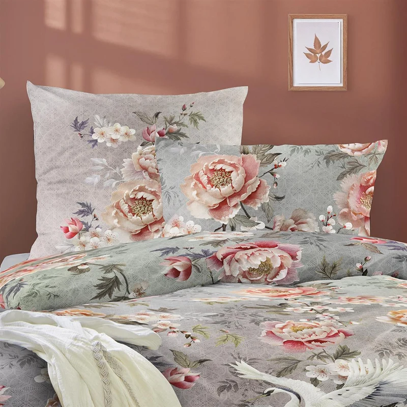 Bettwäsche Mako Satin Wave Grau mit Blumenmuster 135 x 200 cm