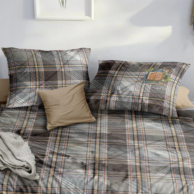 Bettwäsche Mako Satin Wave Grau mit Karomuster 135 x 200 cm