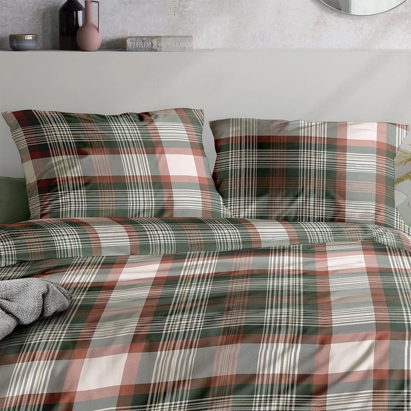 Bettwäsche Mako Satin Wave Grau mit Karomuster 135 x 200 cm