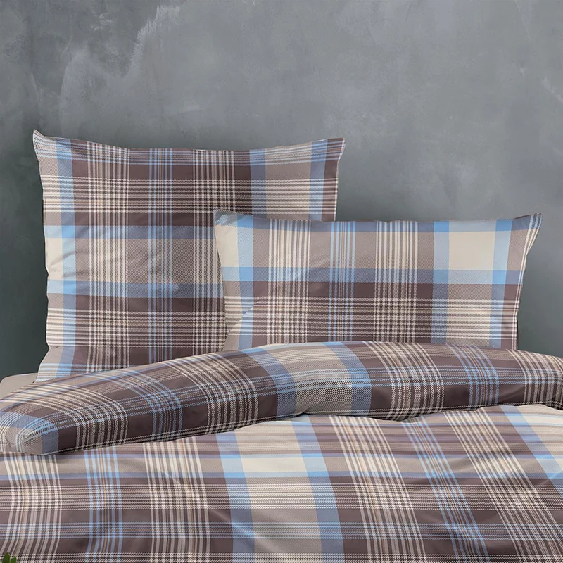 Bettwäsche Mako Satin Wave Blau mit Karomuster 135 x 200 cm