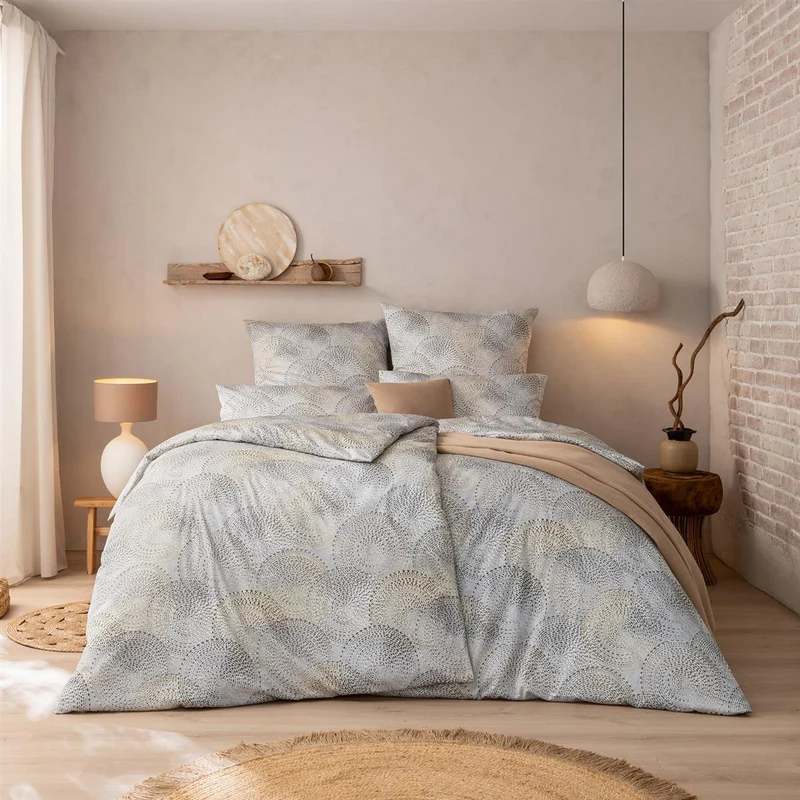 Bettwäsche Mako Satin Orion Grau mit Kreismuster 135 x 200 cm, 155 x 220 cm