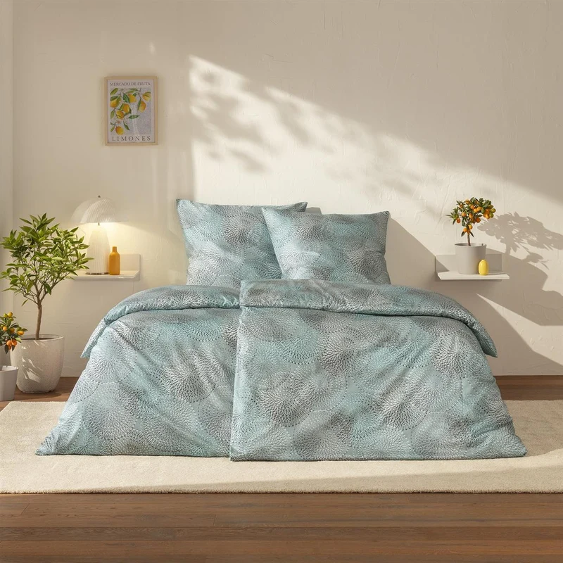 Bettwäsche Mako Satin Orion Blau mit Kreismuster 135 x 200 cm, 155 x 220 cm