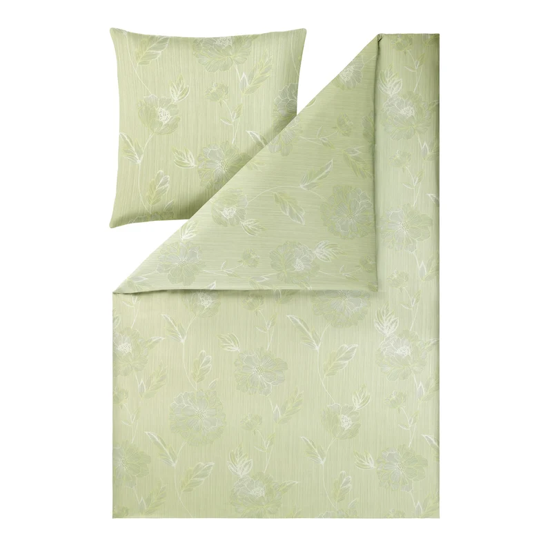 Bettwäsche Interlock Jersey Edessa Grün mit Blumenmuster 135 x 200 cm