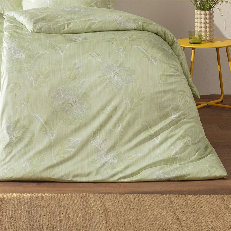 Bettwäsche Interlock Jersey Edessa Grün mit Blumenmuster 135 x 200 cm