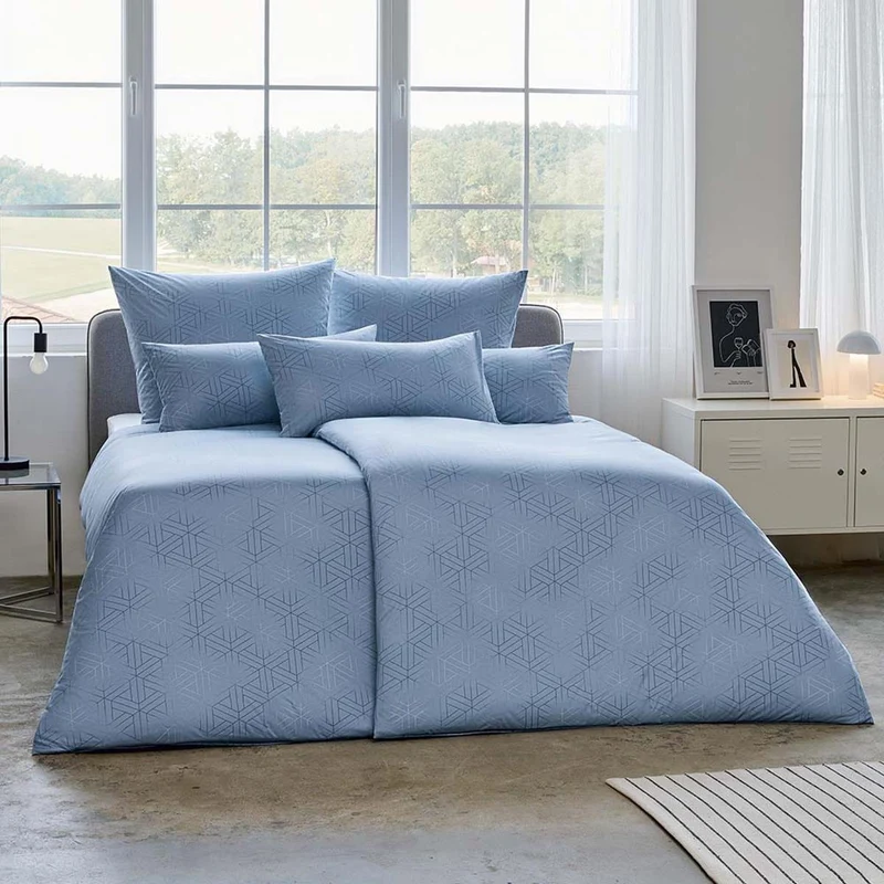 Bettwäsche Interlock Jersey Pippa Blau mit geometrischem Muster 135 x 200 cm