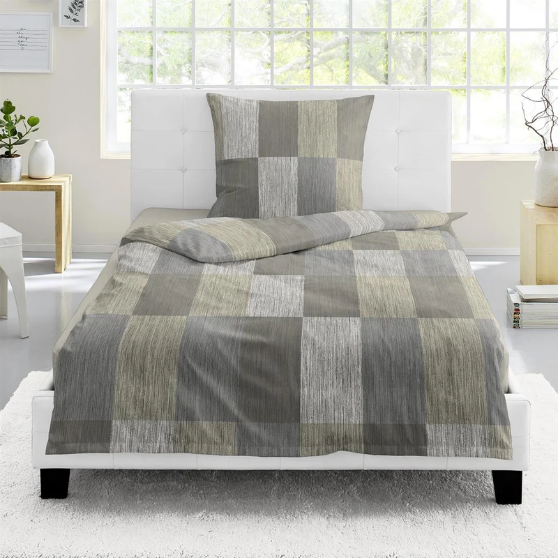 Bettwäsche Mako Satin Grün mit Karomuster 135 x 200 cm