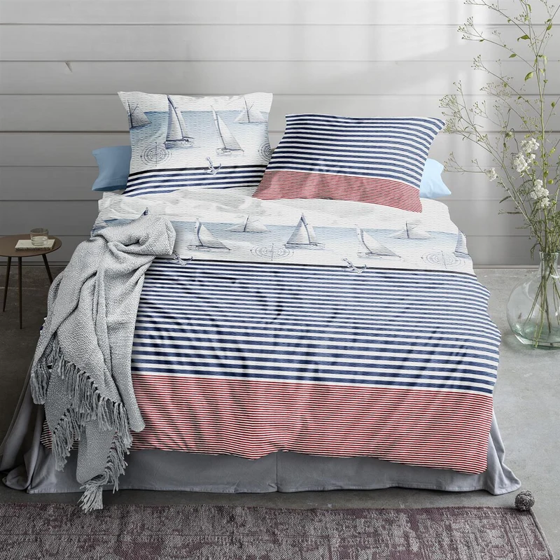 Bettwäsche Seersucker Easy Blau mit Segelbootmotiv 135 x 200 cm