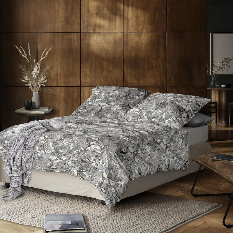 Bettwäsche Mako Satin Wave Grau mit Blumenmuster 135 x 200 cm