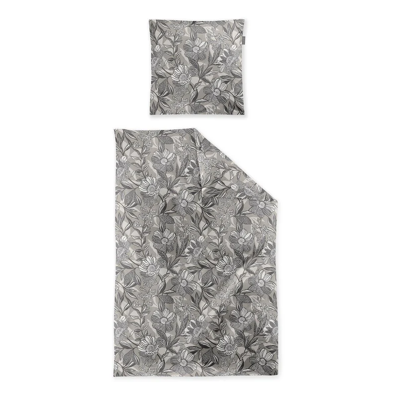 Bettwäsche Mako Satin Wave Grau mit Blumenmuster 135 x 200 cm