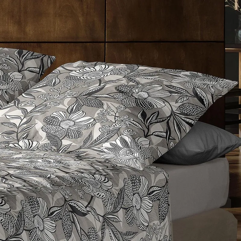 Bettwäsche Mako Satin Wave Grau mit Blumenmuster 135 x 200 cm