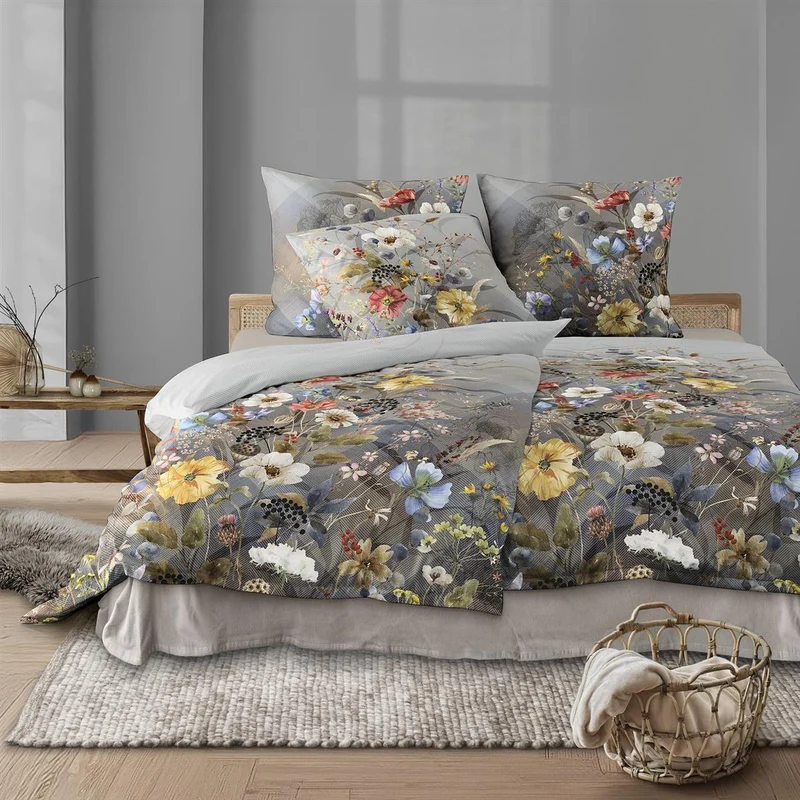 Bettwäsche Flausch Cotton Zobel Grau mit Blumenmuster 135 x 200 cm