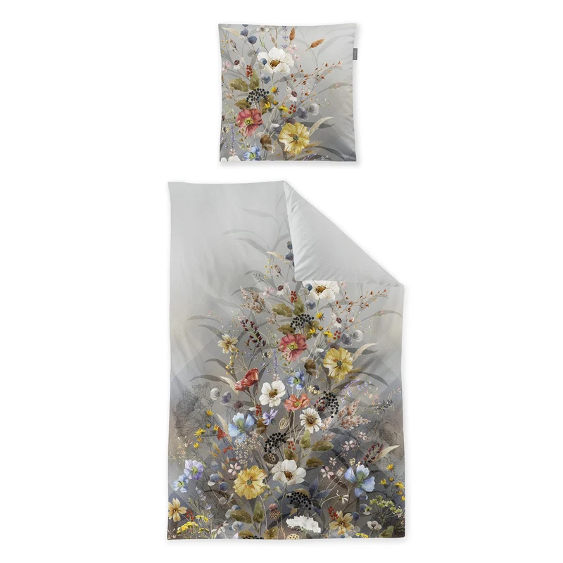 Bettwäsche Flausch Cotton Zobel Grau mit Blumenmuster 135 x 200 cm