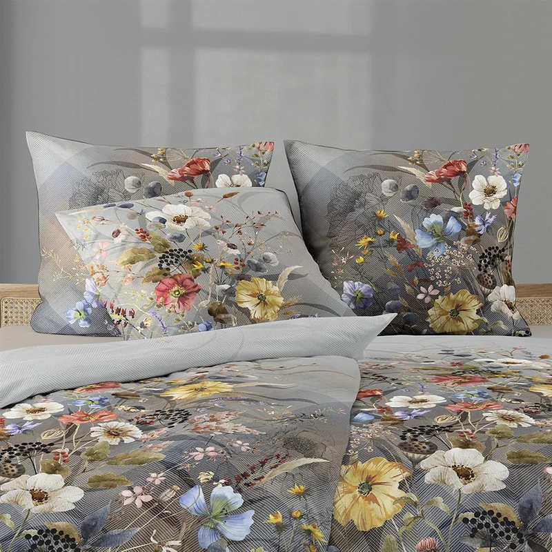 Bettwäsche Flausch Cotton Zobel Grau mit Blumenmuster 135 x 200 cm
