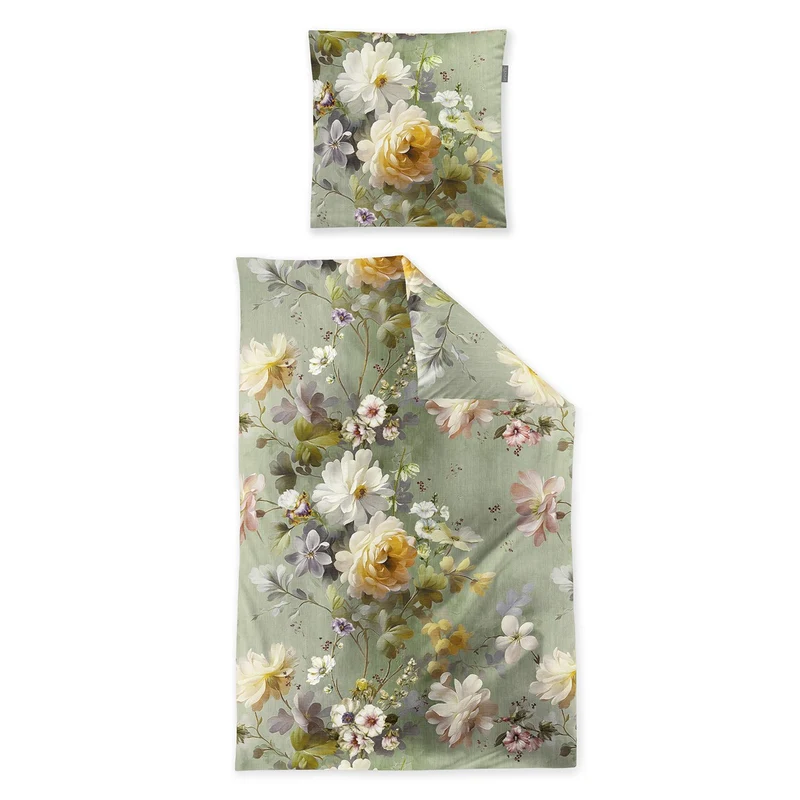 Bettwäsche Flausch Cotton Zobel Grün mit Blumenmuster 135 x 200 cm