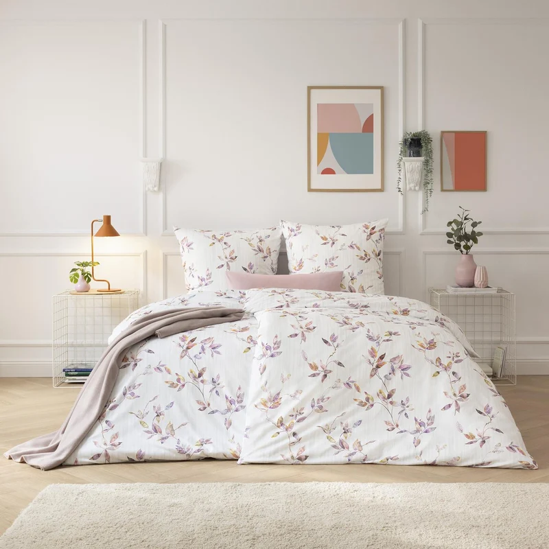 Bettwäsche Interlock Jersey Thalia Grau mit Blättermuster 135 x 200 cm
