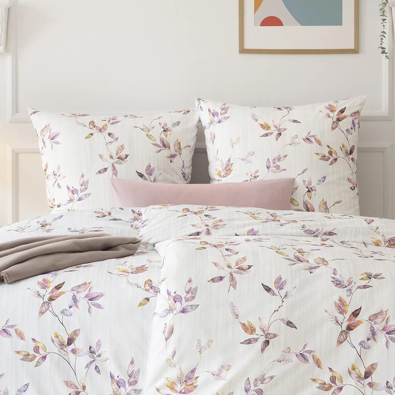 Bettwäsche Interlock Jersey Thalia Grau mit Blättermuster 135 x 200 cm