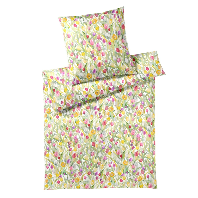 Bettwäsche Mako Batist Tulpen Weiß mit Blumenmuster 135 x 200 cm