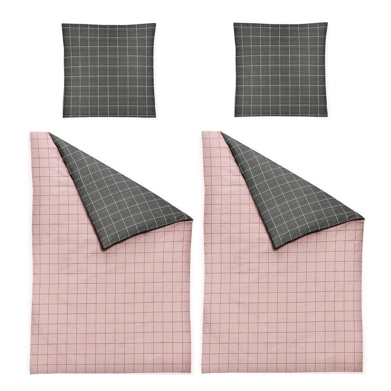 Biber Bettwäsche Meran 4-teilig grau mit Karomuster 135 x 200 cm