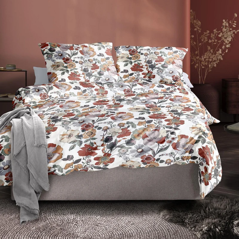 Bettwäsche Mako Satin Wave Grün mit Blumenmuster 135 x 200 cm