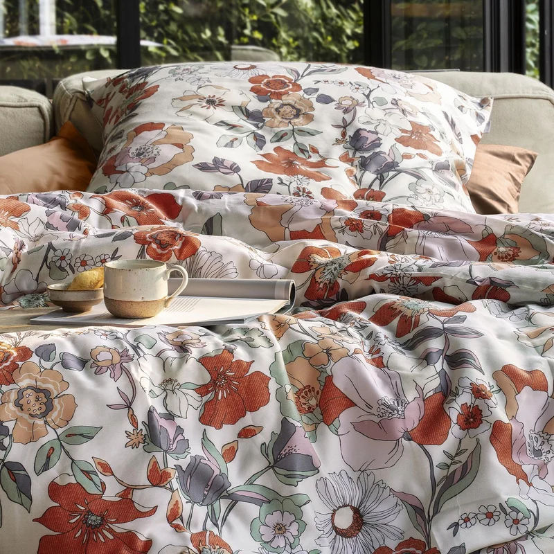 Bettwäsche Mako Satin Wave Grün mit Blumenmuster 135 x 200 cm