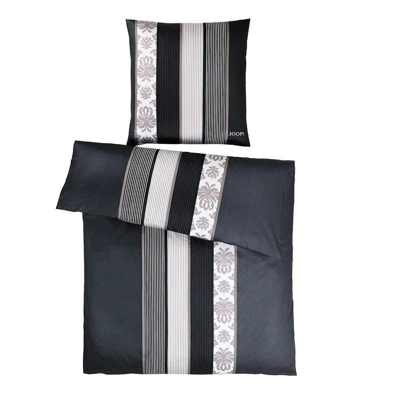 Bettwäsche Mako Satin Ornament Stripes Schwarz mit Stadtmotiv 135 x 200 cm
