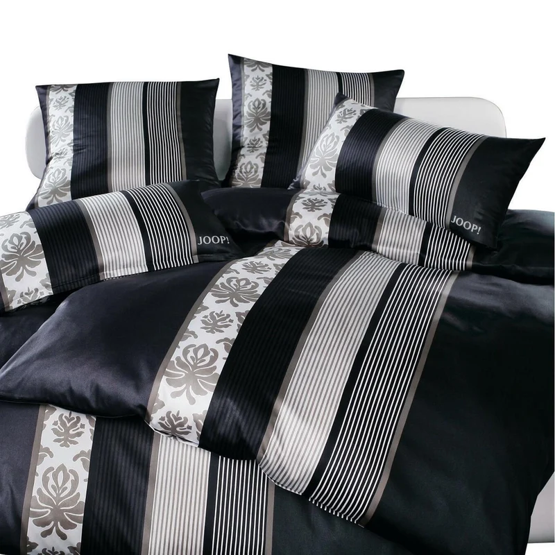 Bettwäsche Mako Satin Ornament Stripes Schwarz mit Stadtmotiv 135 x 200 cm