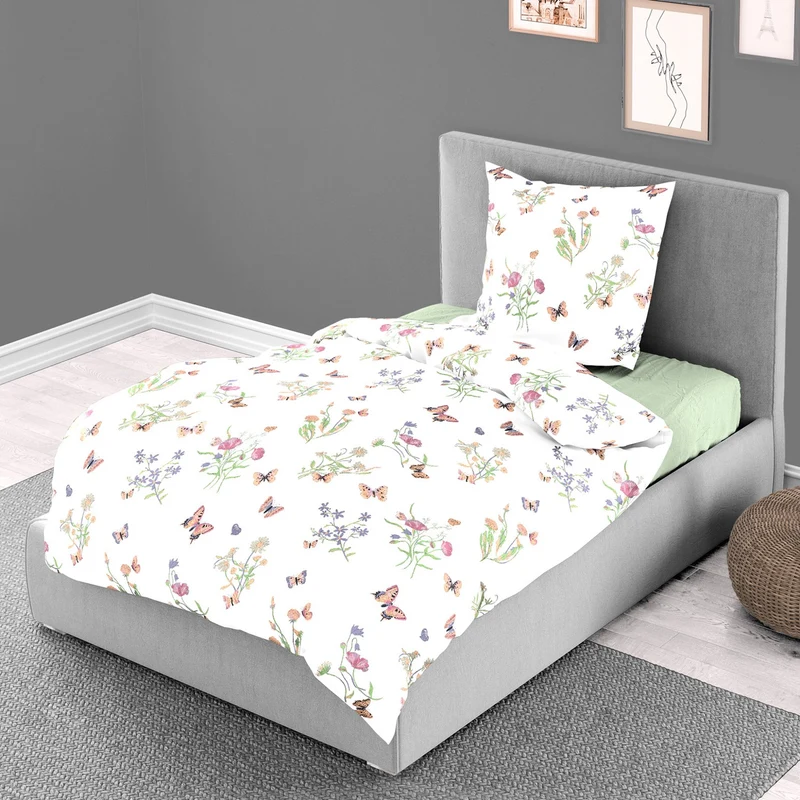 Bettwäsche Mako Satin Schmetterling Weiß mit Blumenmuster 135 x 200 cm