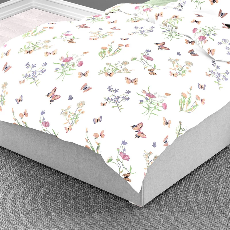 Bettwäsche Mako Satin Schmetterling Weiß mit Blumenmuster 135 x 200 cm