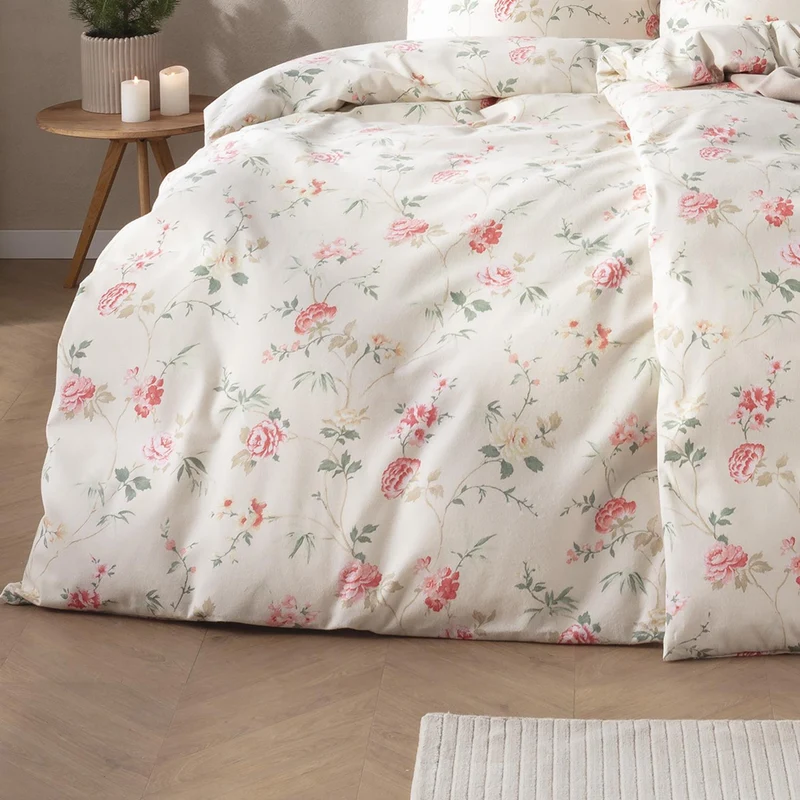 Bettwäsche Flanell Edel Corvara Natur mit Rosenmuster 135 x 200 cm