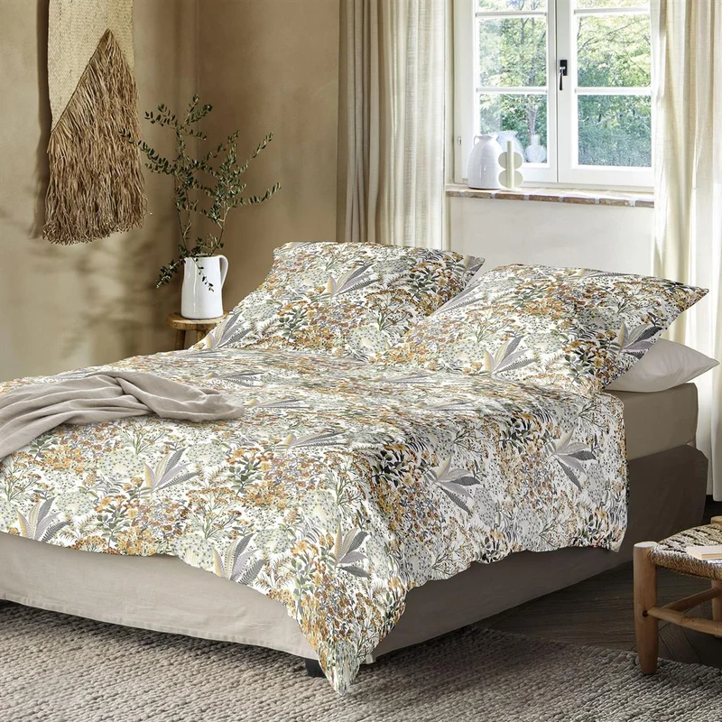 Bettwäsche Mako Satin Wave Gelb mit Blumenmuster 135 x 200 cm