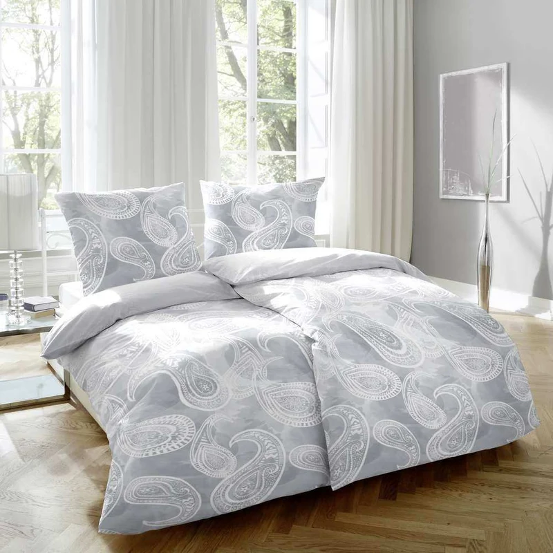 Hahn Mako-Satin Bettwäsche Paisley Muster Silber Anthrazit