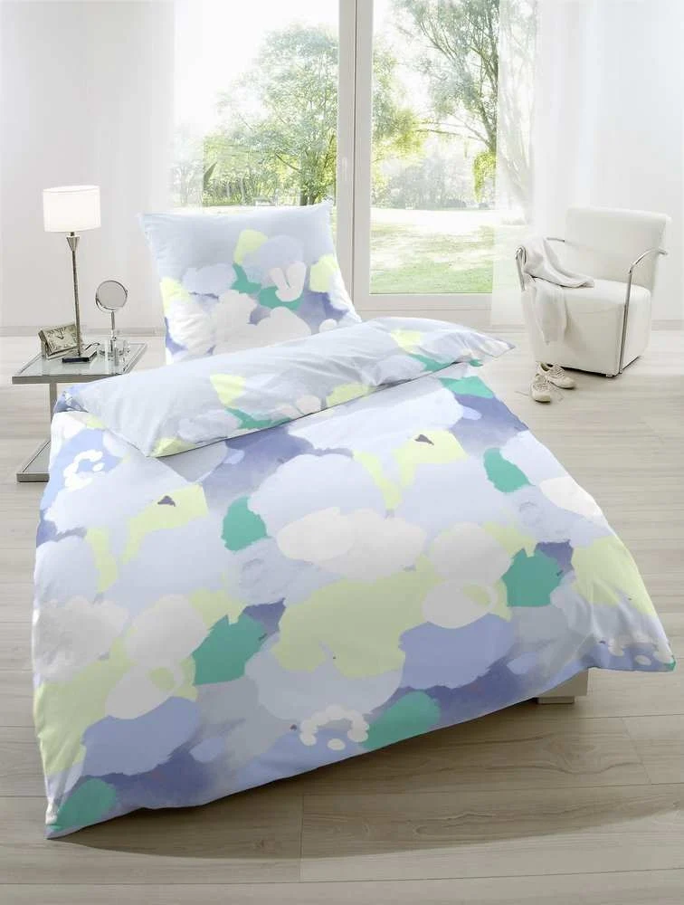 Hahn Baumwoll Satin Bettwäsche Farbtupfer Hellblau Weiß Lila Rosa