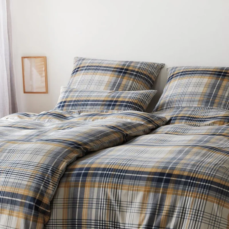 Bettwäsche Flanell Holmes Senfgelb mit Karomuster 135 x 200 cm