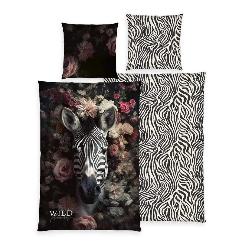 Bettwäsche Renforce Wild Flowers Schwarz mit Zebramuster 135 x 200 cm