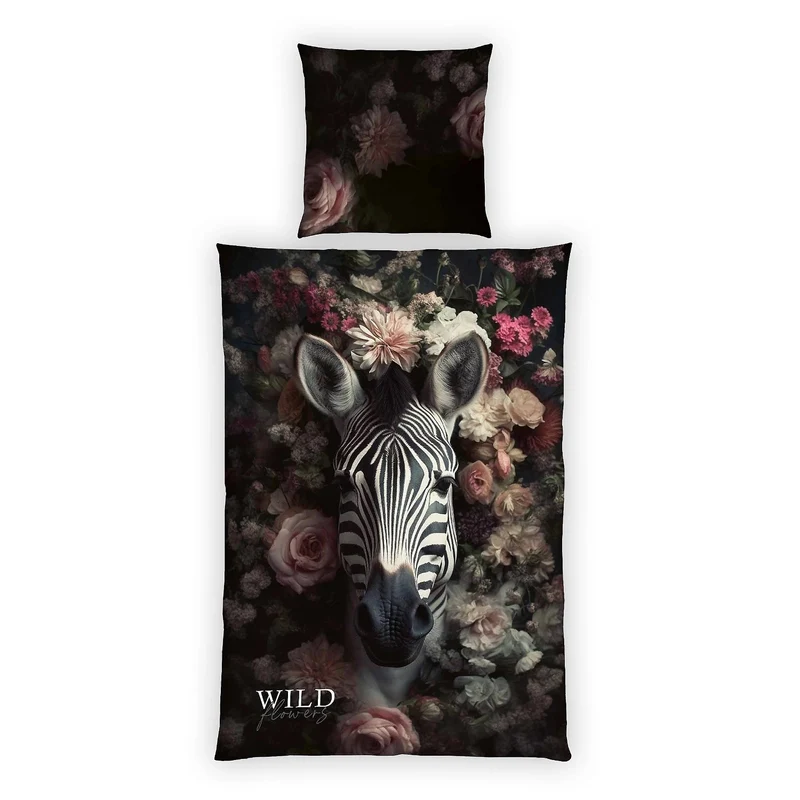 Bettwäsche Renforce Wild Flowers Schwarz mit Zebramuster 135 x 200 cm