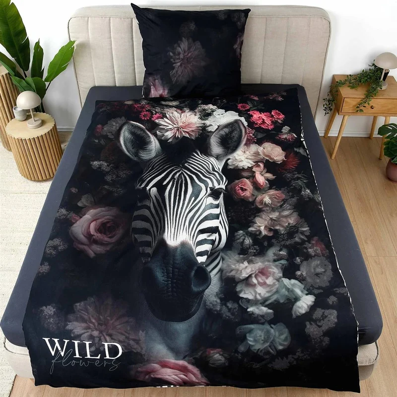 Bettwäsche Renforce Wild Flowers Schwarz mit Zebramuster 135 x 200 cm