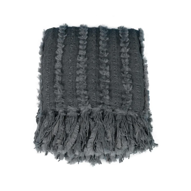 Star Home Wohndecke Strickdecke Zopfmuster Fransen Nala grau 130x170
