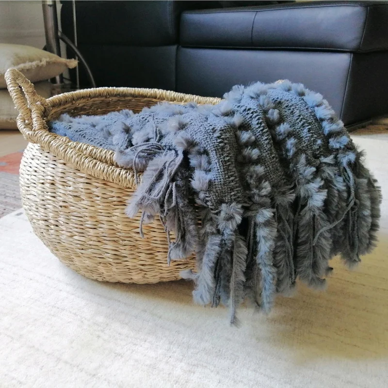 Star Home Wohndecke Strickdecke Zopfmuster Fransen Nala grau 130x170
