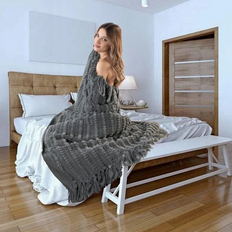 Star Home Wohndecke Strickdecke Zopfmuster Fransen Nala grau 130x170