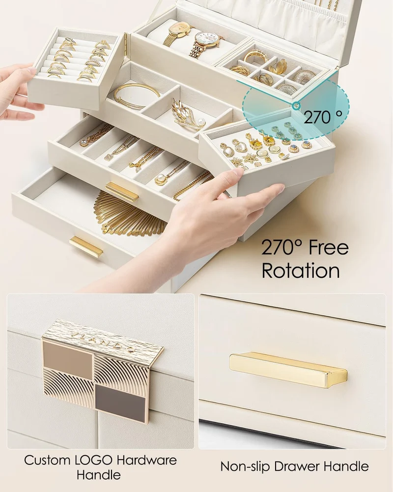 VLANDO Schmuckkästchen Gross,Schmuckaufbewahrung mit Ausziehbare Schubladen Beige 4 Schubladen, Beig