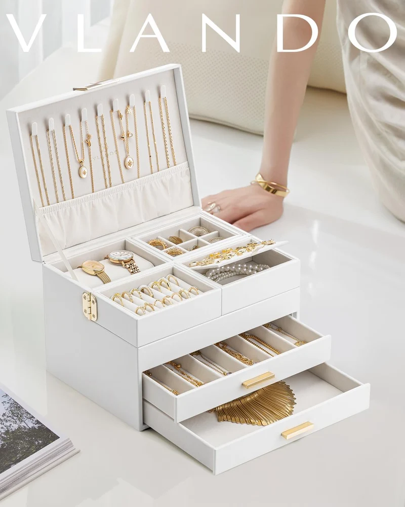 VLANDO Schmuckkästchen Gross,Schmuckaufbewahrung mit Ausziehbare Schubladen Beige 4 Schubladen, Beig