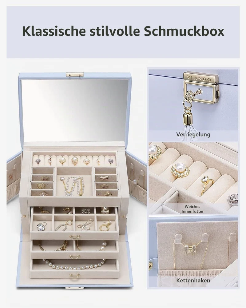 Vlando Baroches Schmuckkästchen Damen Leder Schmuckkasten Gross 4 Ebenen Schmuckkasten Abschliessbar