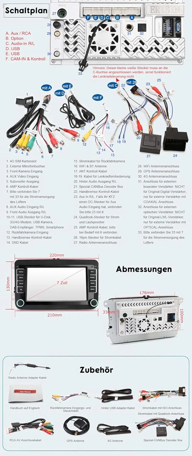 Erisin 7 Zoll Qualcomm 4GB+64GB Autoradio Bluetooth Android 16 GPS Navi für VW Polo 6R Passat B6/B7