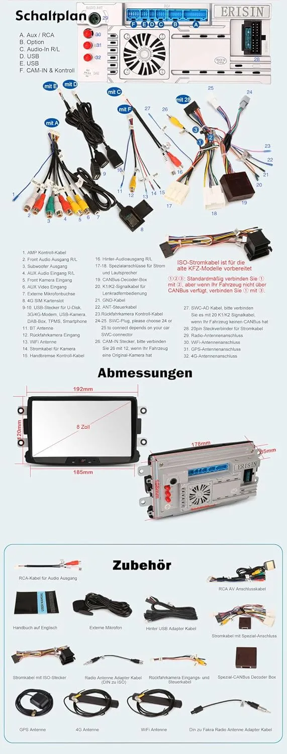 Erisin 8-Kern 4GB+64GB Android 16 Autoradio Bluetooth für Renault Dacia Duster Logan Sandero Dokker