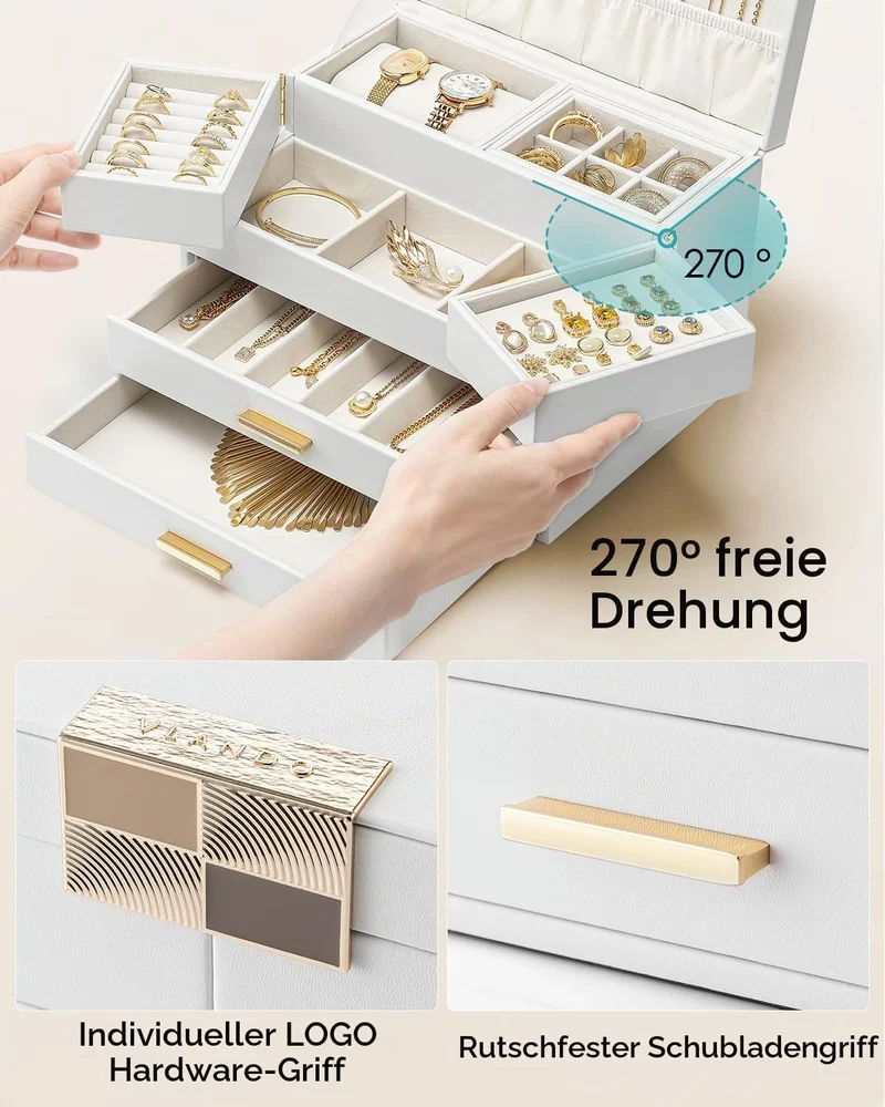 VLANDO Schmuckkästchen Gross,Schmuckaufbewahrung mit Ausziehbare Schubladen Weiss 4 Schubladen, Weis