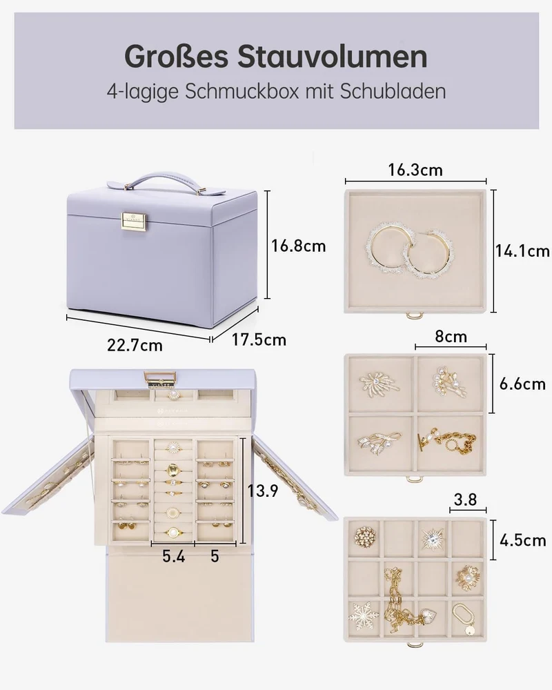 VLANDO Schmuckkästchen Gross 4 Ebenen,PU Schmuckaufbewahrung mit Spiegel Violett, Violett