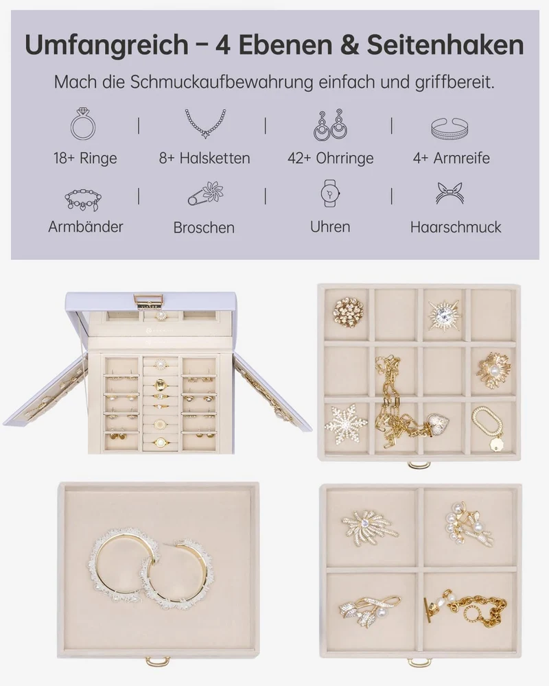 VLANDO Schmuckkästchen Gross 4 Ebenen,PU Schmuckaufbewahrung mit Spiegel Violett, Violett
