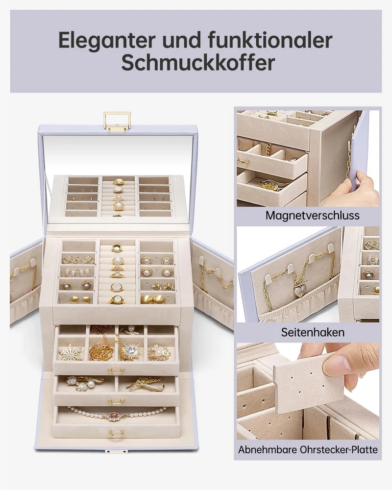 VLANDO Schmuckkästchen Gross 4 Ebenen,PU Schmuckaufbewahrung mit Spiegel Violett, Violett