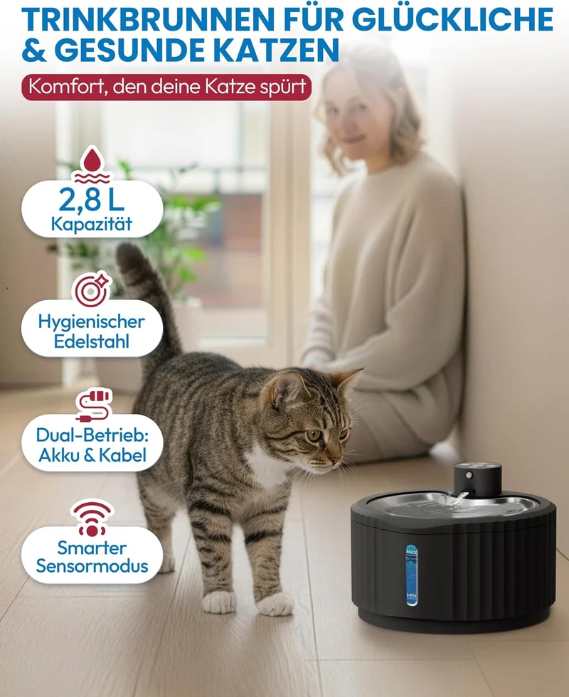 Miaura® Katzenbrunnen kabellos und super leise - Trinkbrunnen für Katze 2.8L Kapazität - Katzen Trin